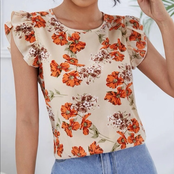 Boho Floral Print Butterfly Sleeve Top Blouse - Picture 4 of 5